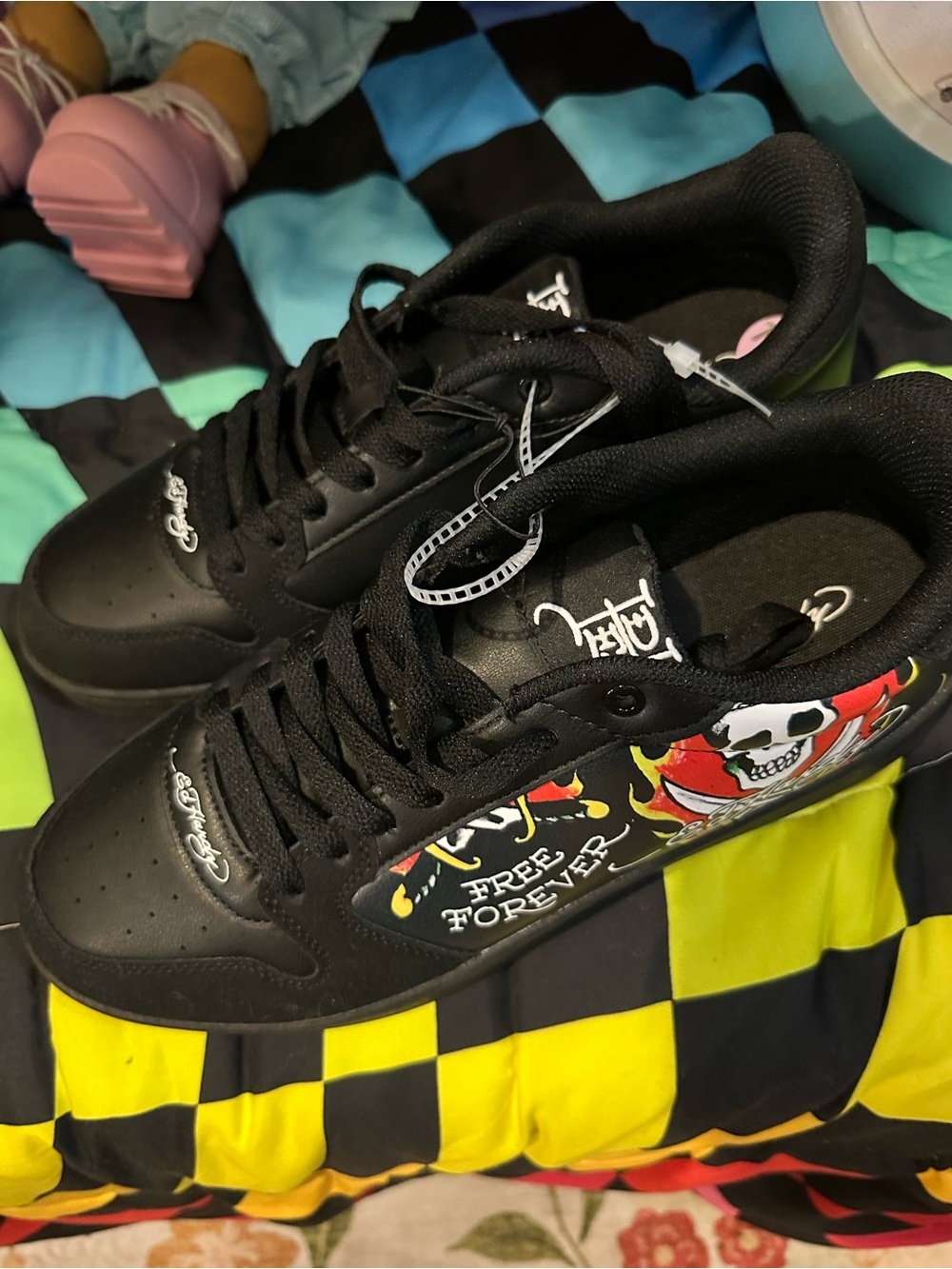 Ed Hardy Men’s Black 'Free Forever' Skull Graphic Sneakers